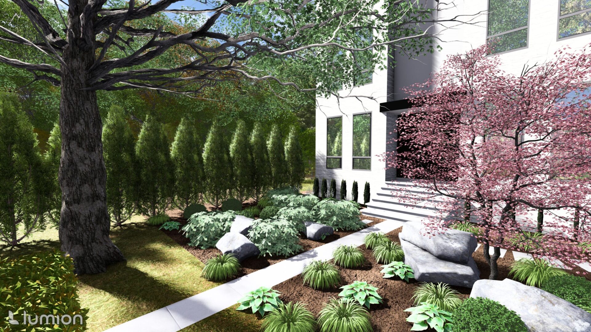 Lush garden with diverse plants and rocks beside a modern building. Tall trees and shrubs frame the walkway, creating a serene atmosphere.