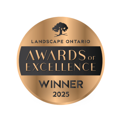 Bronze-colored circular emblem for Landscape Ontario Awards of Excellence, 2025, featuring a tree graphic and the words "Winner" centered prominently.