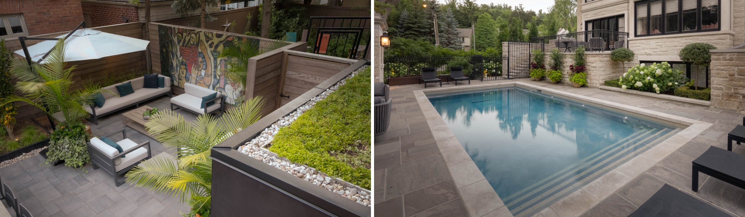 Two outdoor spaces: a vibrant patio with mural and seating, and a pool area with lounge chairs, surrounded by lush greenery.