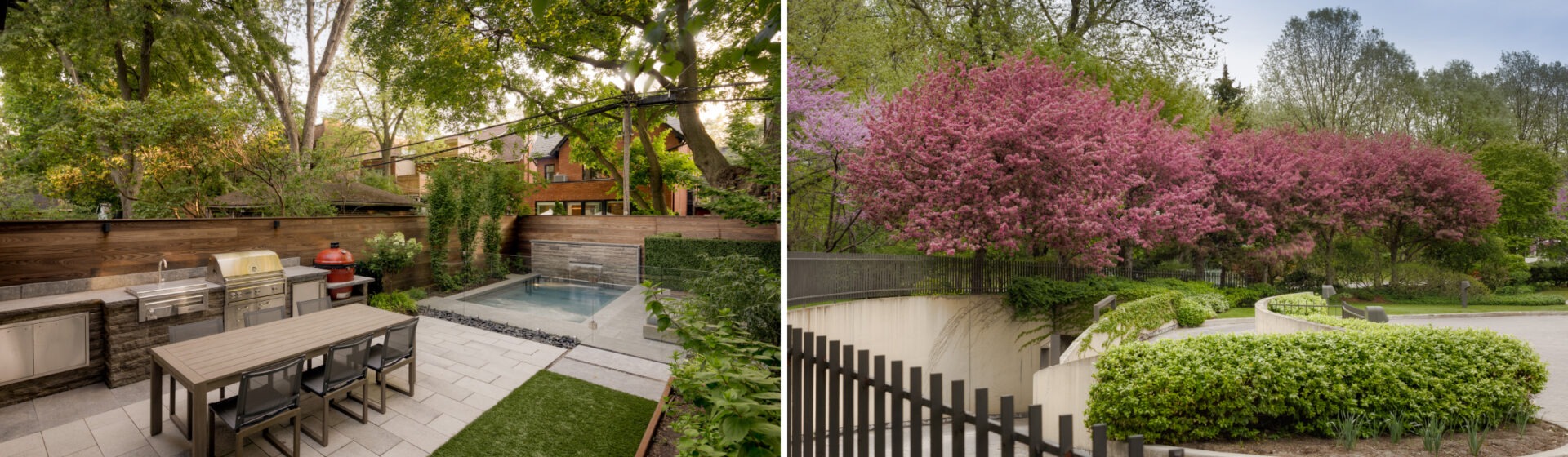 A serene backyard features a modern outdoor kitchen and small pool, while a separate scene displays vibrant pink cherry blossom trees and lush greenery.