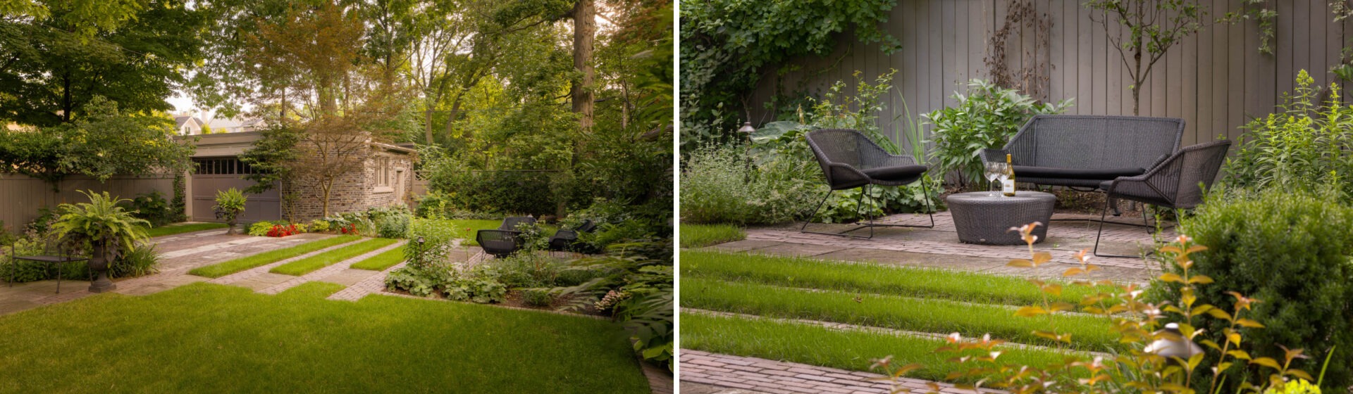 A tranquil garden with lush greenery, stone pathways, a cozy patio set, and a charming garage, surrounded by trees and vibrant plants.