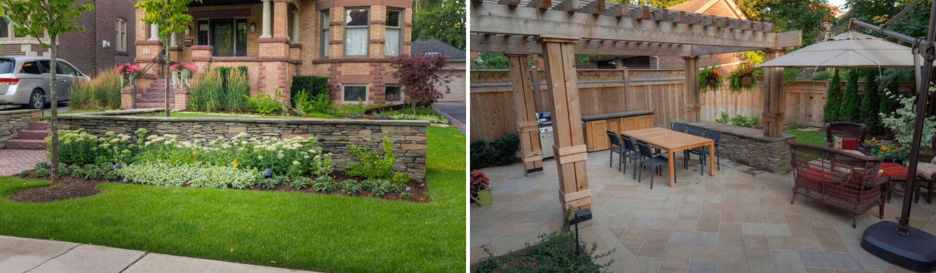 A charming brick house with a manicured lawn and backyard patio featuring a wooden pergola, dining area, and comfortable seating under an umbrella.