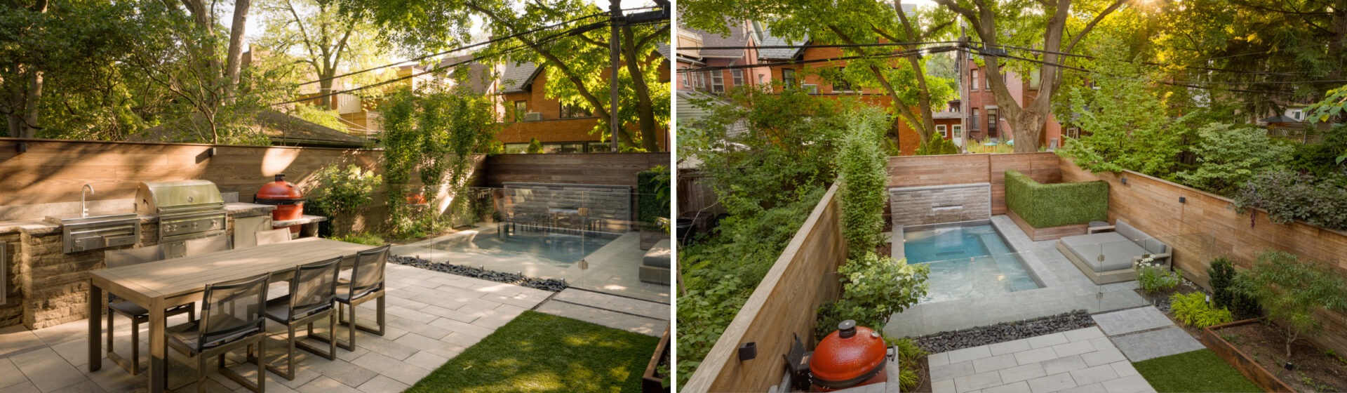 A modern backyard features a dining area, grill, and landscaped pool, surrounded by trees and red brick houses in a residential neighborhood.