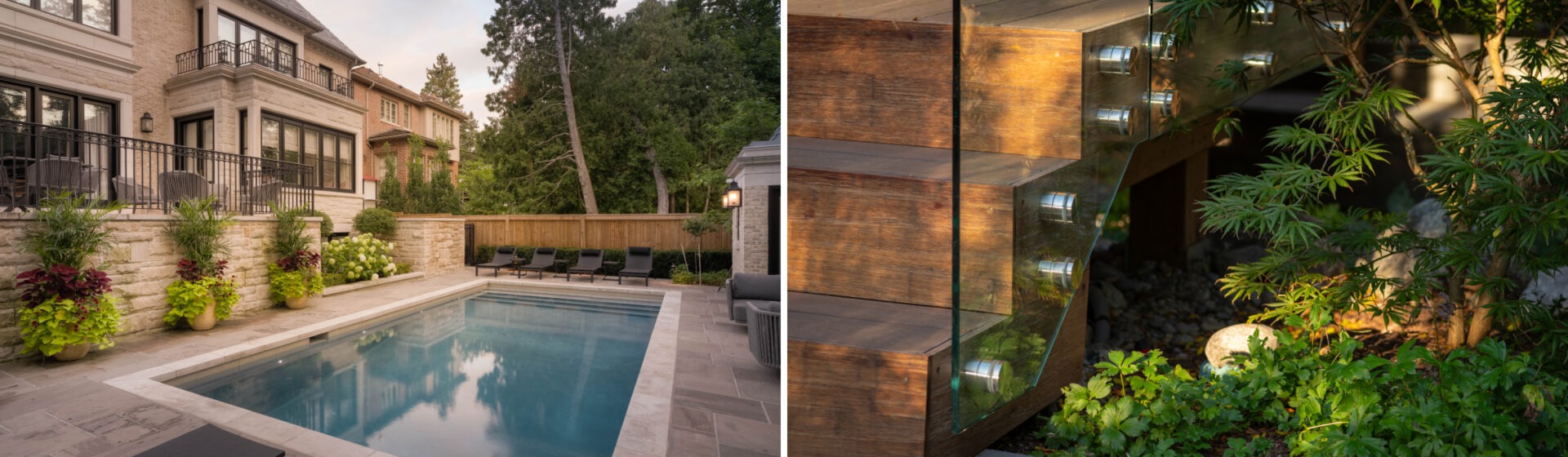 A luxurious backyard features a modern pool, elegant patio, lush greenery, and a contemporary glass railing staircase illuminated by subtle lighting.