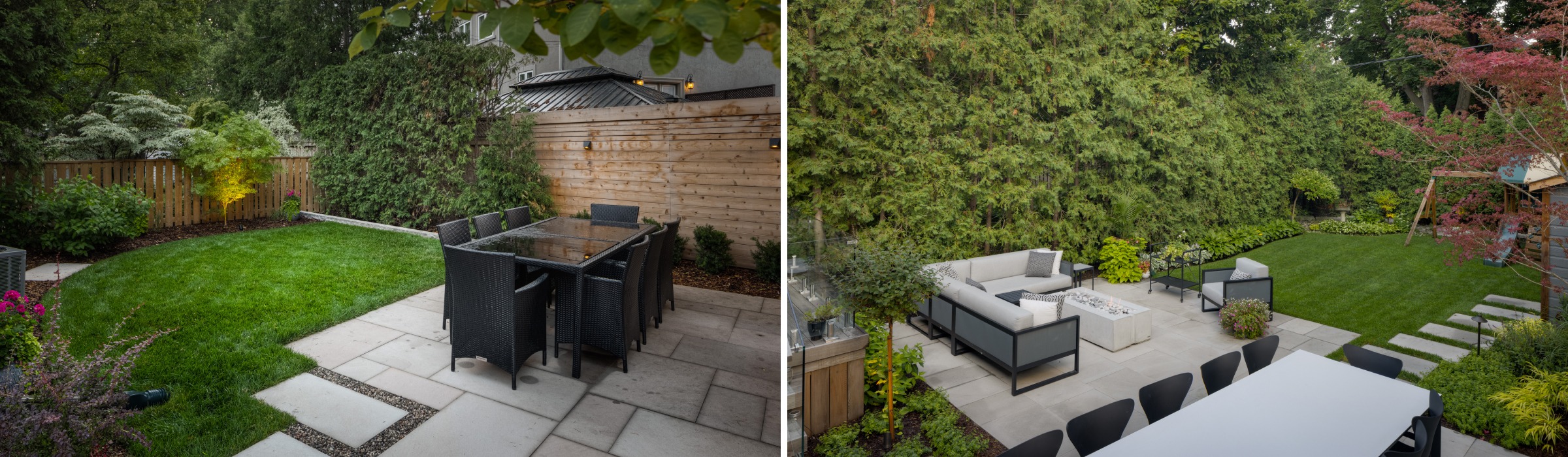 Two backyard patios with modern outdoor furniture, lush greenery, and well-maintained lawns, separated by a wooden fence and surrounded by tall trees.
