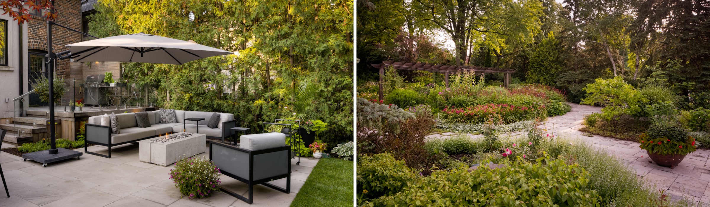 A cozy patio with modern seating, umbrella, and fire pit. Lush garden path with vibrant flowers and trees in a serene setting.