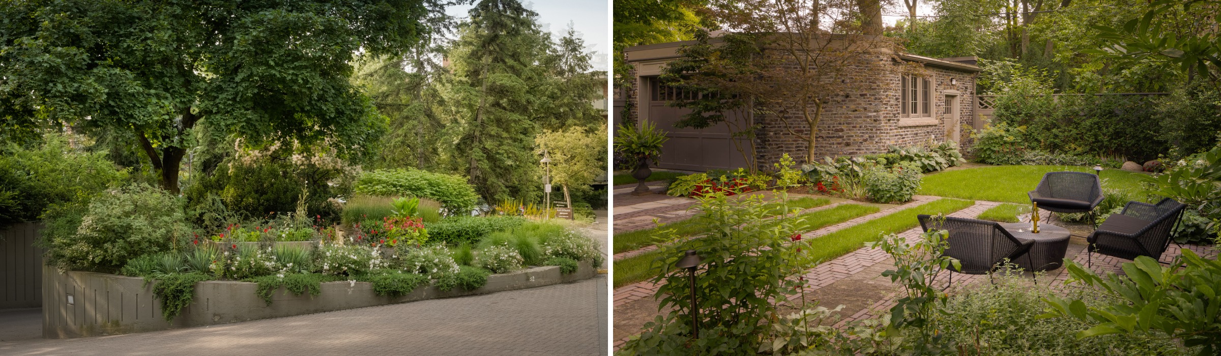 A lush garden features vibrant flowers and greenery, with a cozy seating area and a stone building amidst tall trees and pathways.