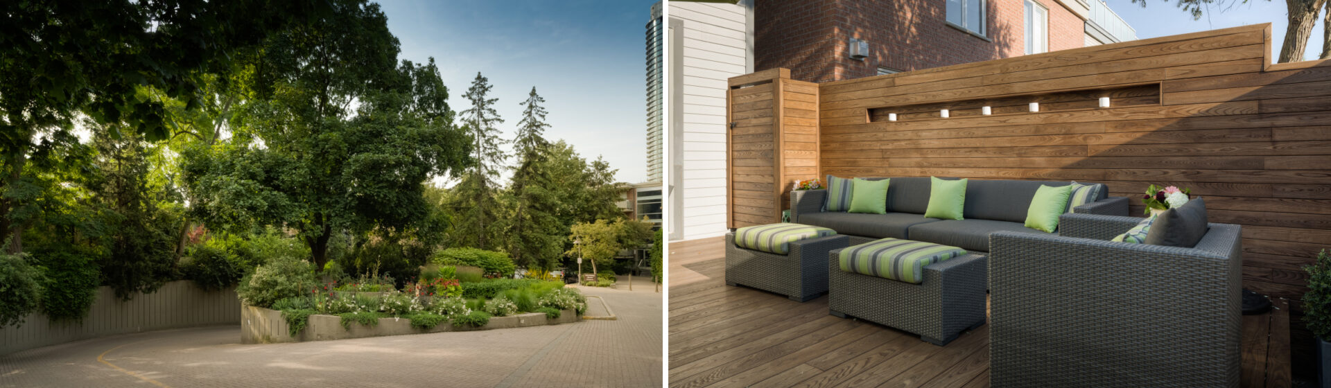 The image shows a lush garden with trees on the left and an outdoor seating area with wooden wall on the right.