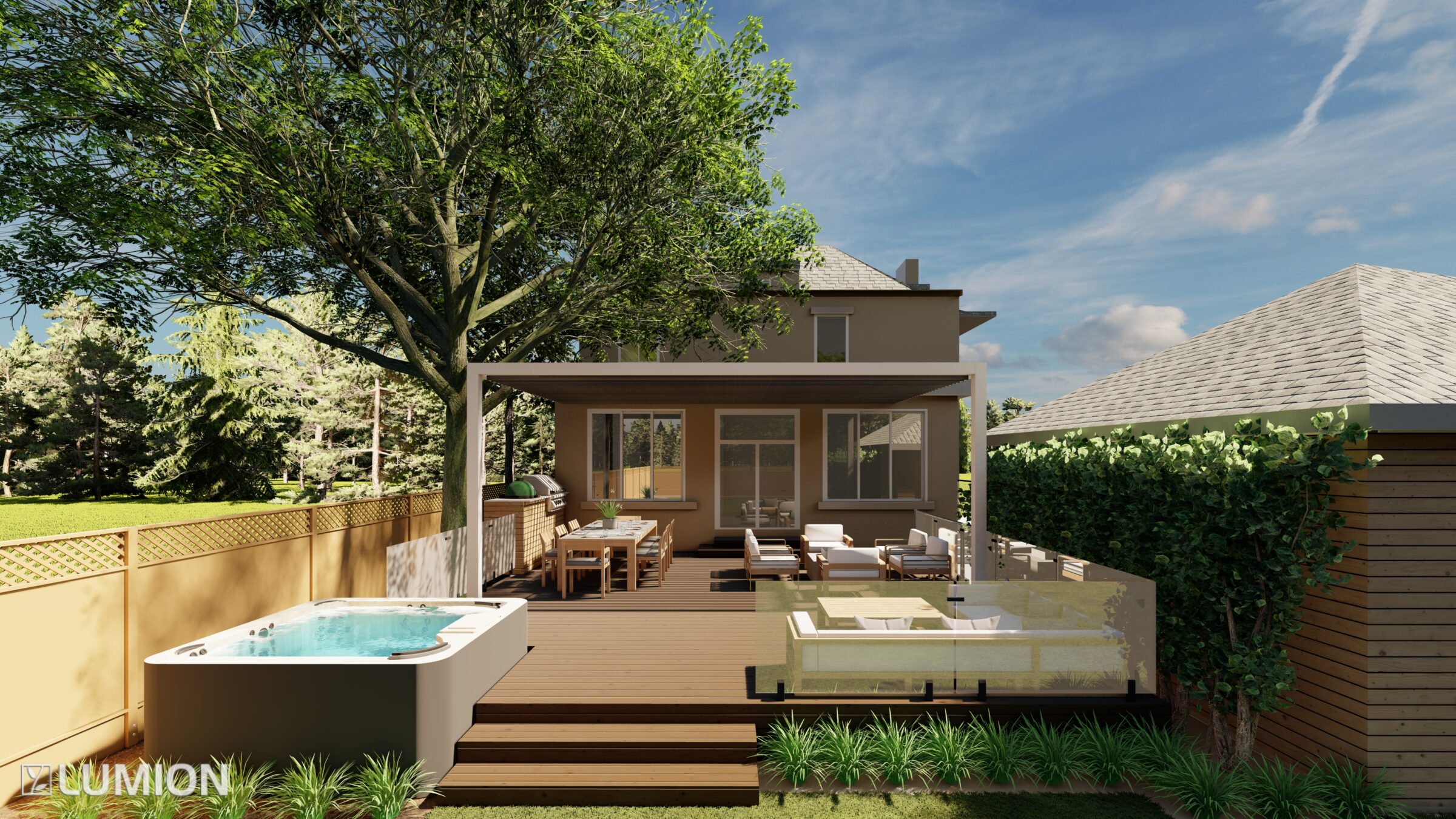 Contemporary backyard with a wooden deck, dining area, seating, hot tub, and lush greenery, under a clear blue sky.