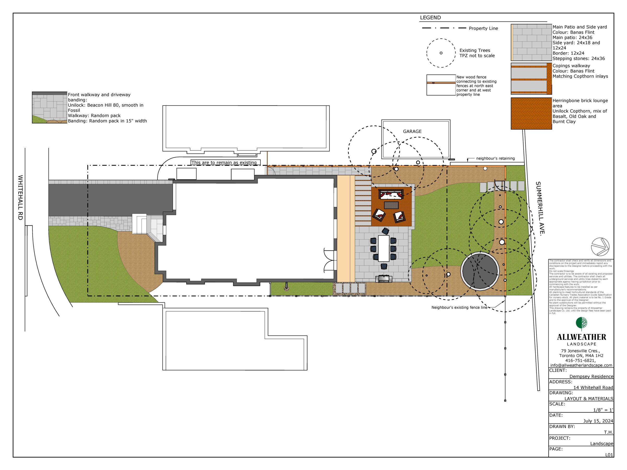 Landscape design plan displays property layout with patios, pathways, and greenery. Includes garage, retaining features, and material specifications. Address: Whitehall Rd, Summerhill Ave.