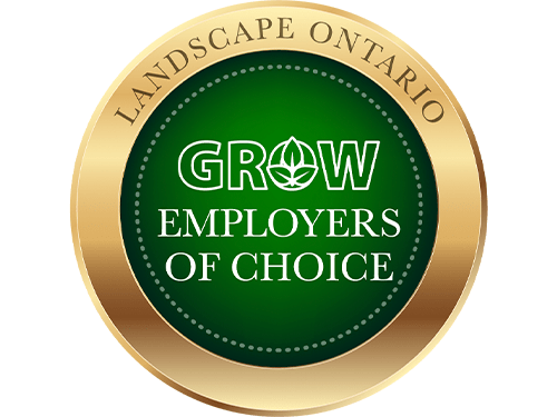 A circular green and gold emblem with "Landscape Ontario" and "Grow Employers of Choice" text, featuring a stylized leaf design in the word "Grow".