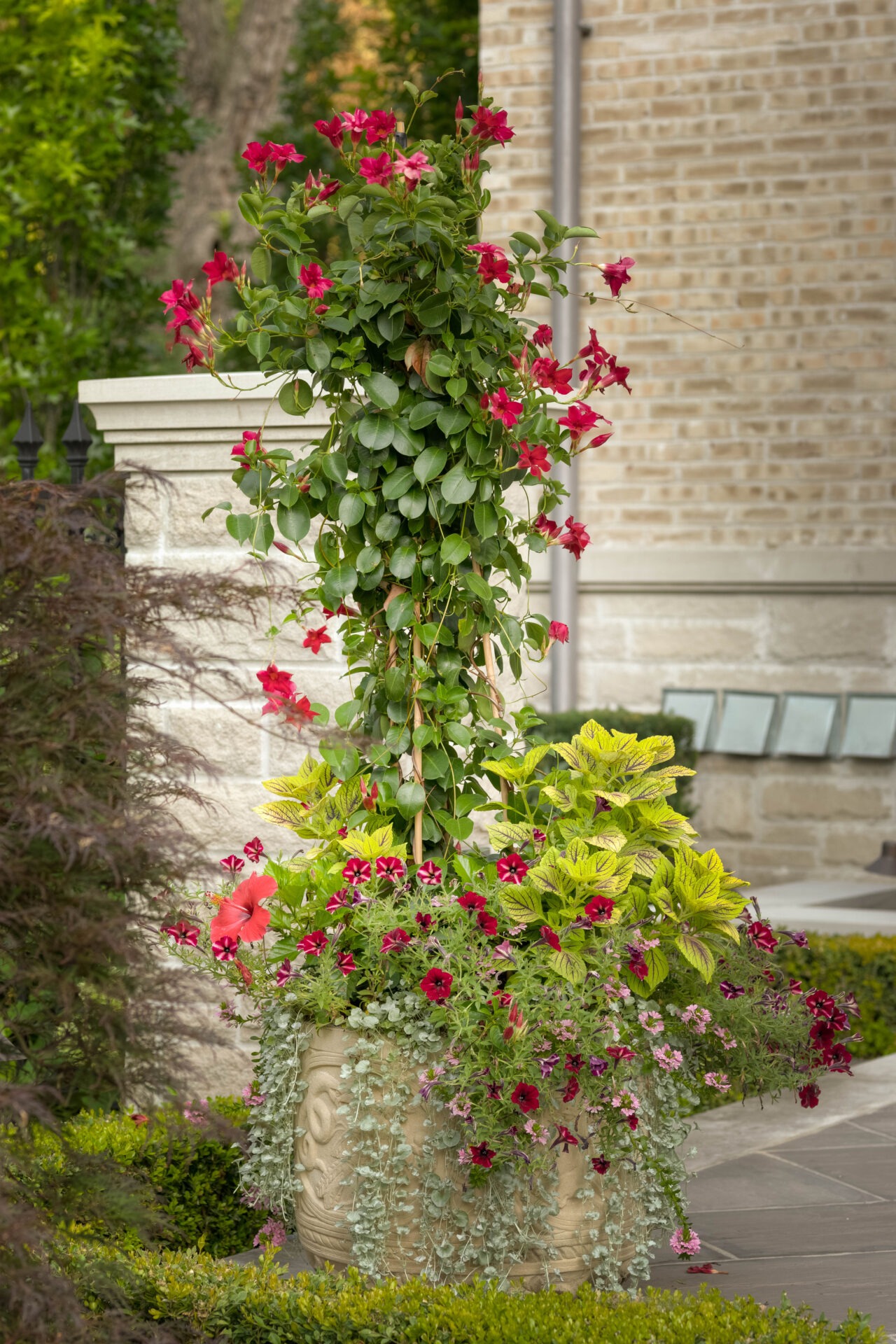 A decorative planter filled with vibrant red and green flowers, set against a brick wall and surrounded by lush greenery.