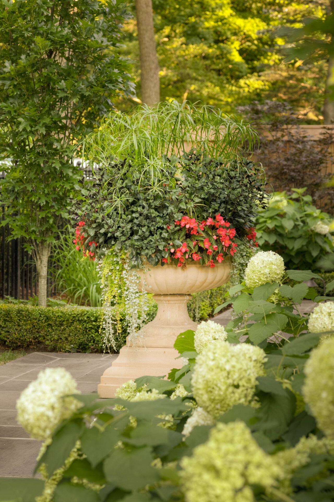 Lush garden scene with large ornate planter filled with vibrant red flowers and greenery, surrounded by hydrangeas and dense foliage in a peaceful setting.