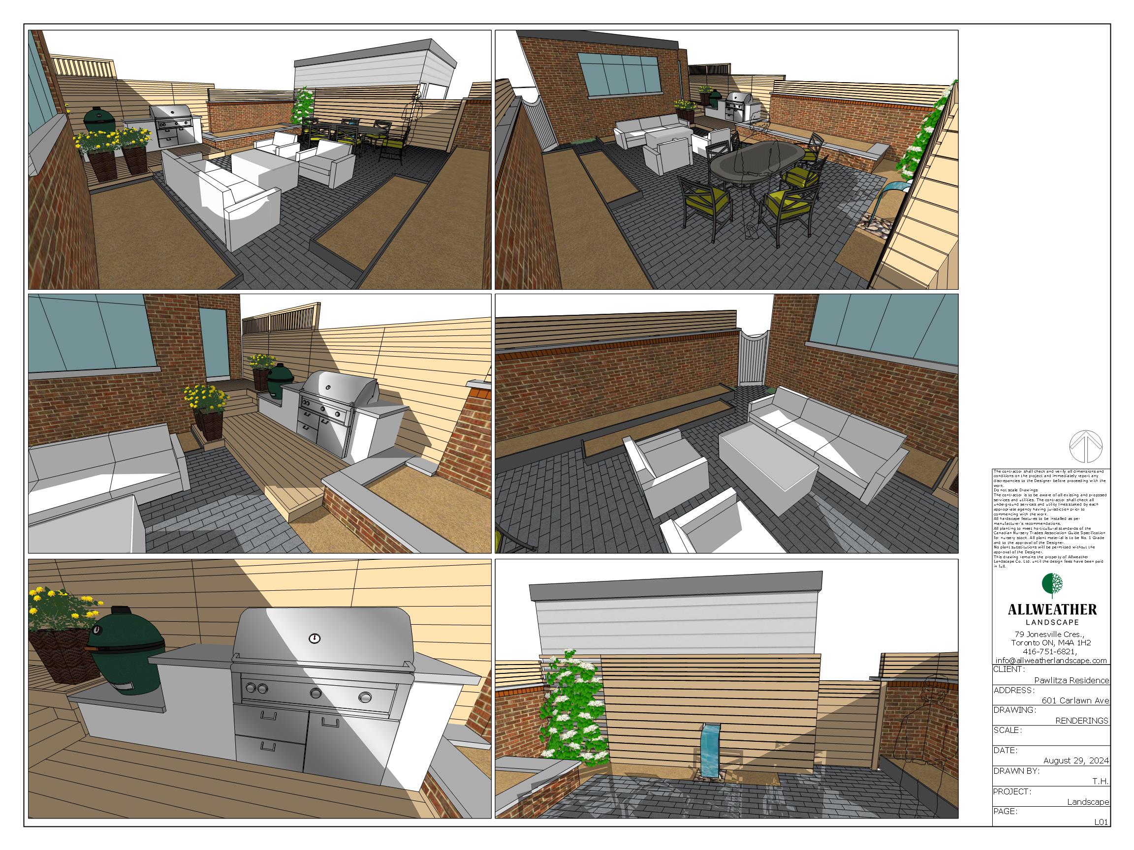 The image depicts a detailed 3D patio design with seating area, barbecue, plants, and brick walls. It's laid out in multiple perspectives.