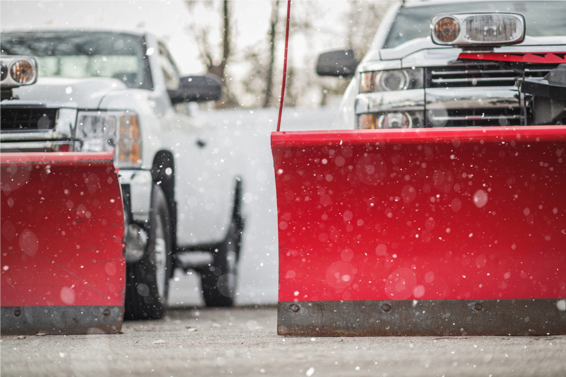 Two white trucks with red snow plows parked in snowy weather, facing forward on a paved surface, with blurred fall foliage background.