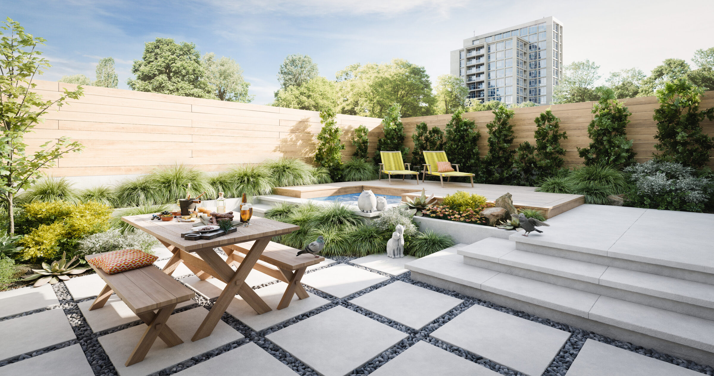 Modern garden with pool, table set for dining; surrounded by greenery, wooden privacy fence, and distant cityscape building in the background.