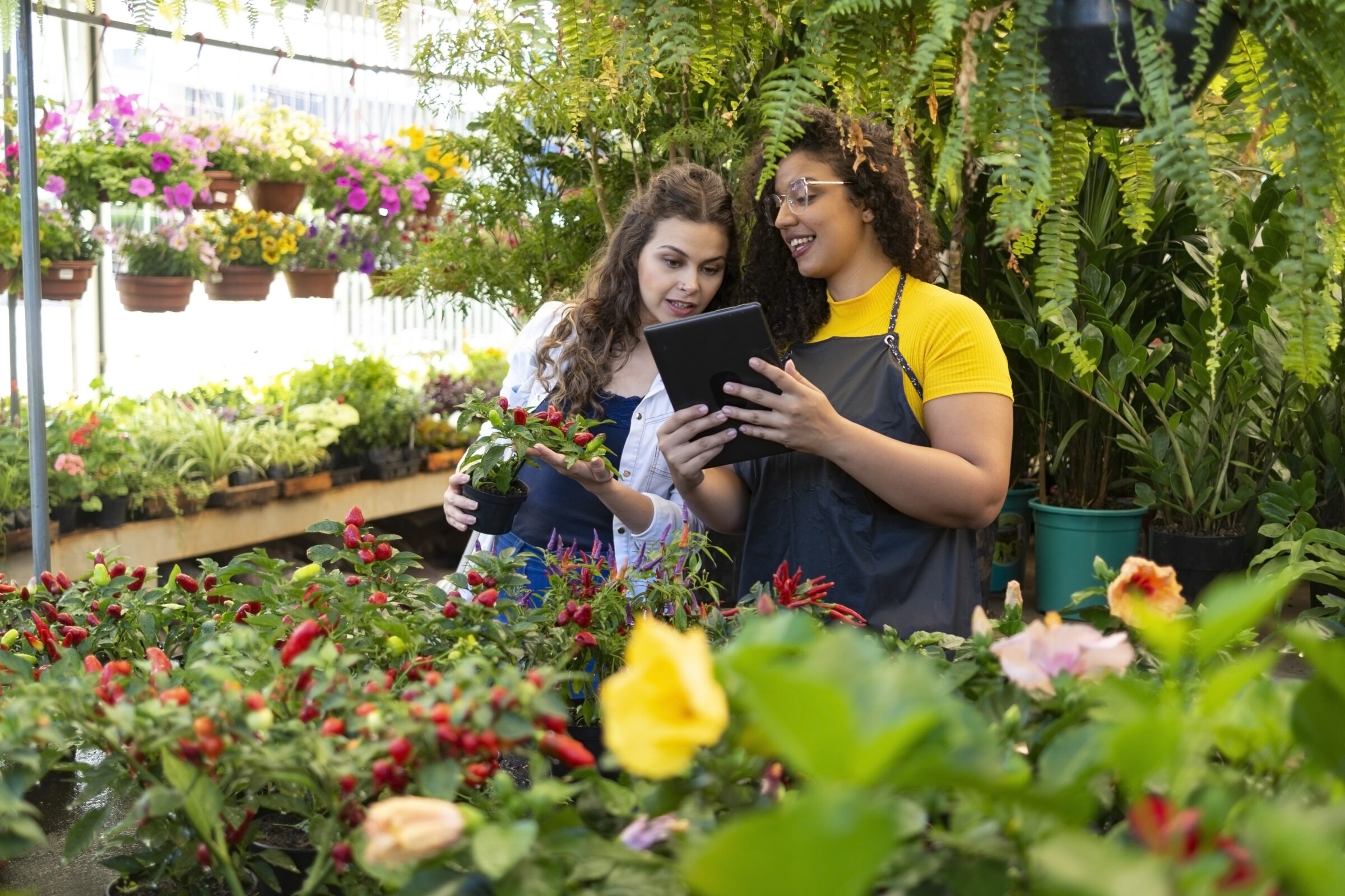 Two women consulting each other about how to use their landscape designer skills to fulfil a garden project.