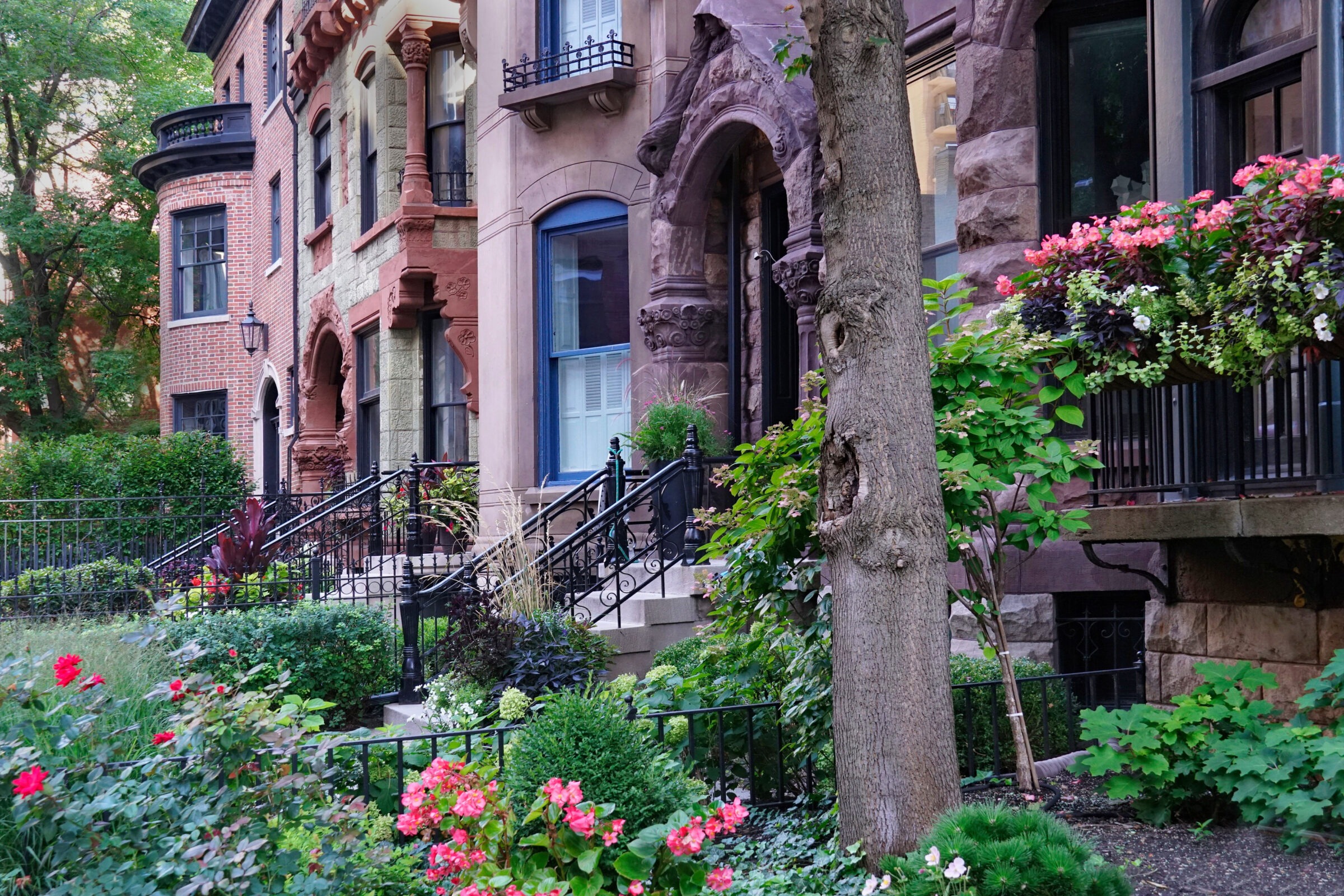 Historic brownstone buildings with ornate facades, surrounded by lush gardens and flowers on a tree-lined street. No persons visible.