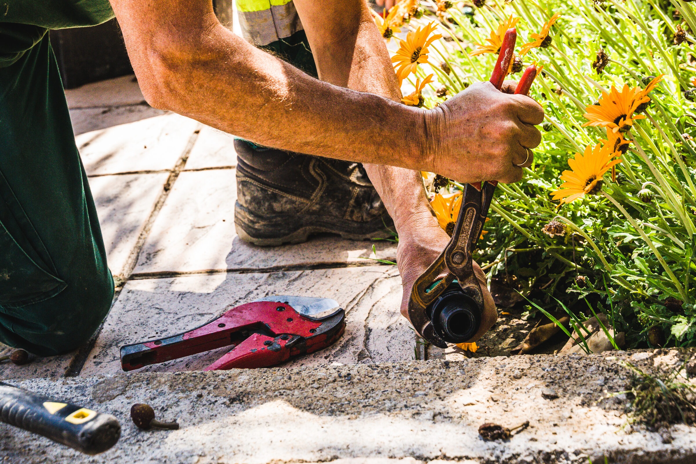 A person doing essential landscaping work and installing an irrigation system.