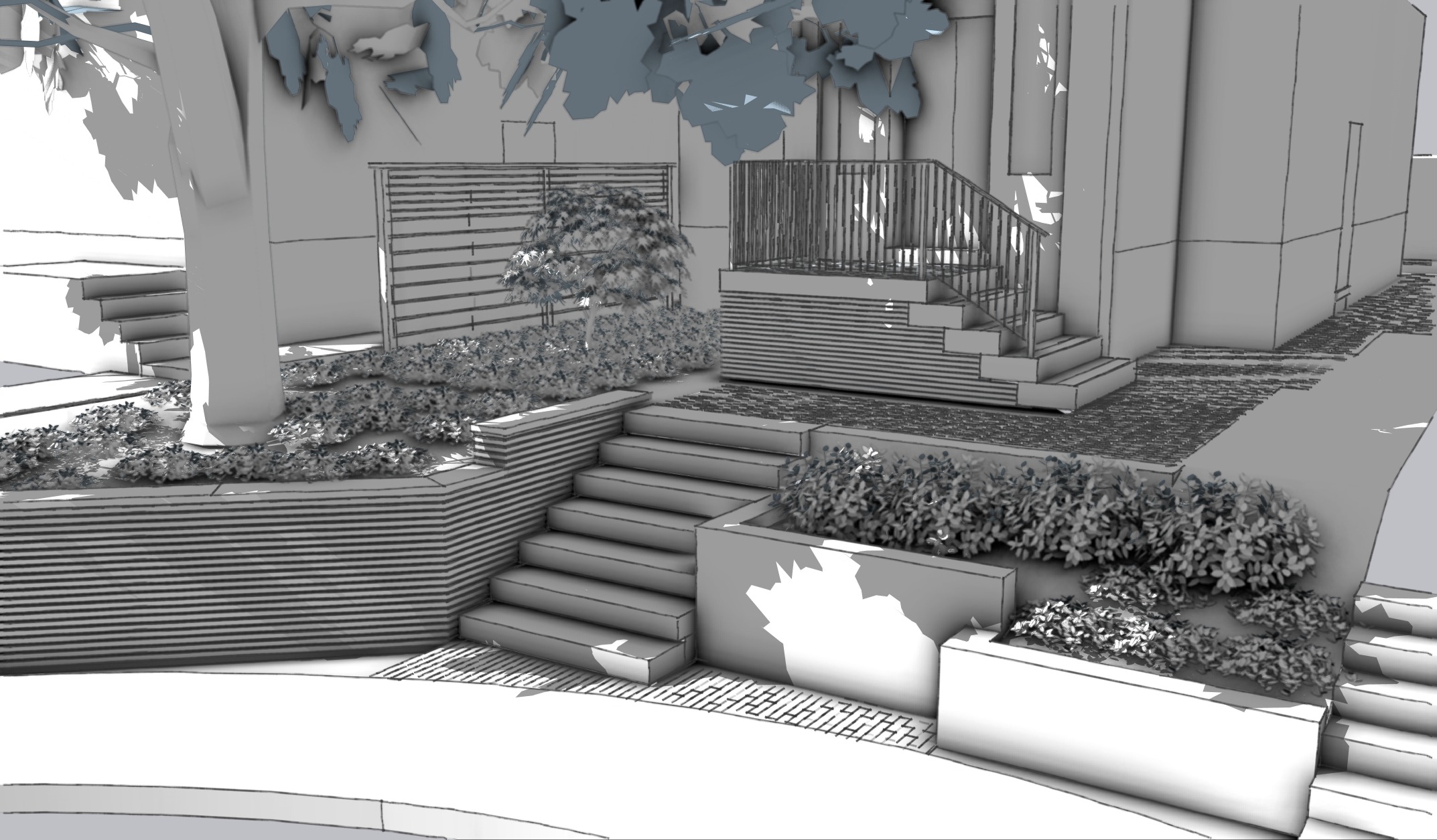 A grayscale architectural rendering shows a modern exterior with tiered landscaping, stairs, and railings. Shadow-play adds depth to the scene.