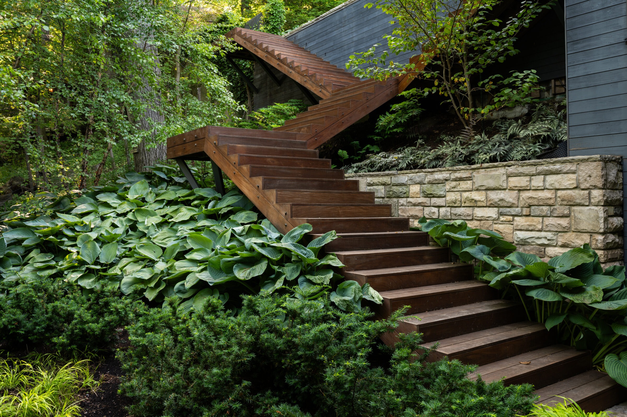 Wooden staircase amidst lush greenery leads to a modern structure with stone walls, surrounded by dense forest foliage and vibrant plants.
