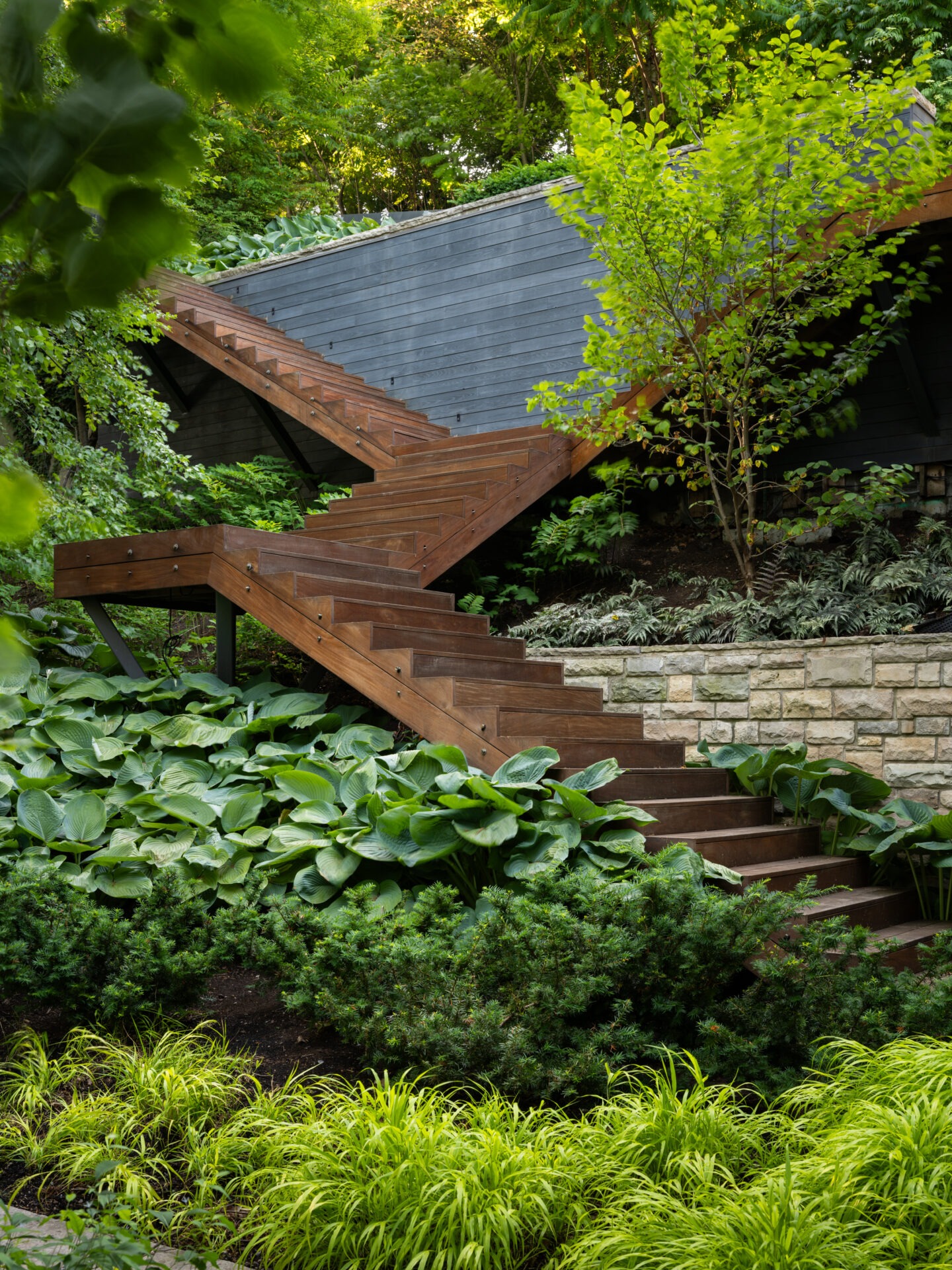 A modern wooden staircase blends with lush greenery and a stone wall exterior, leading to a contemporary structure surrounded by abundant plants.