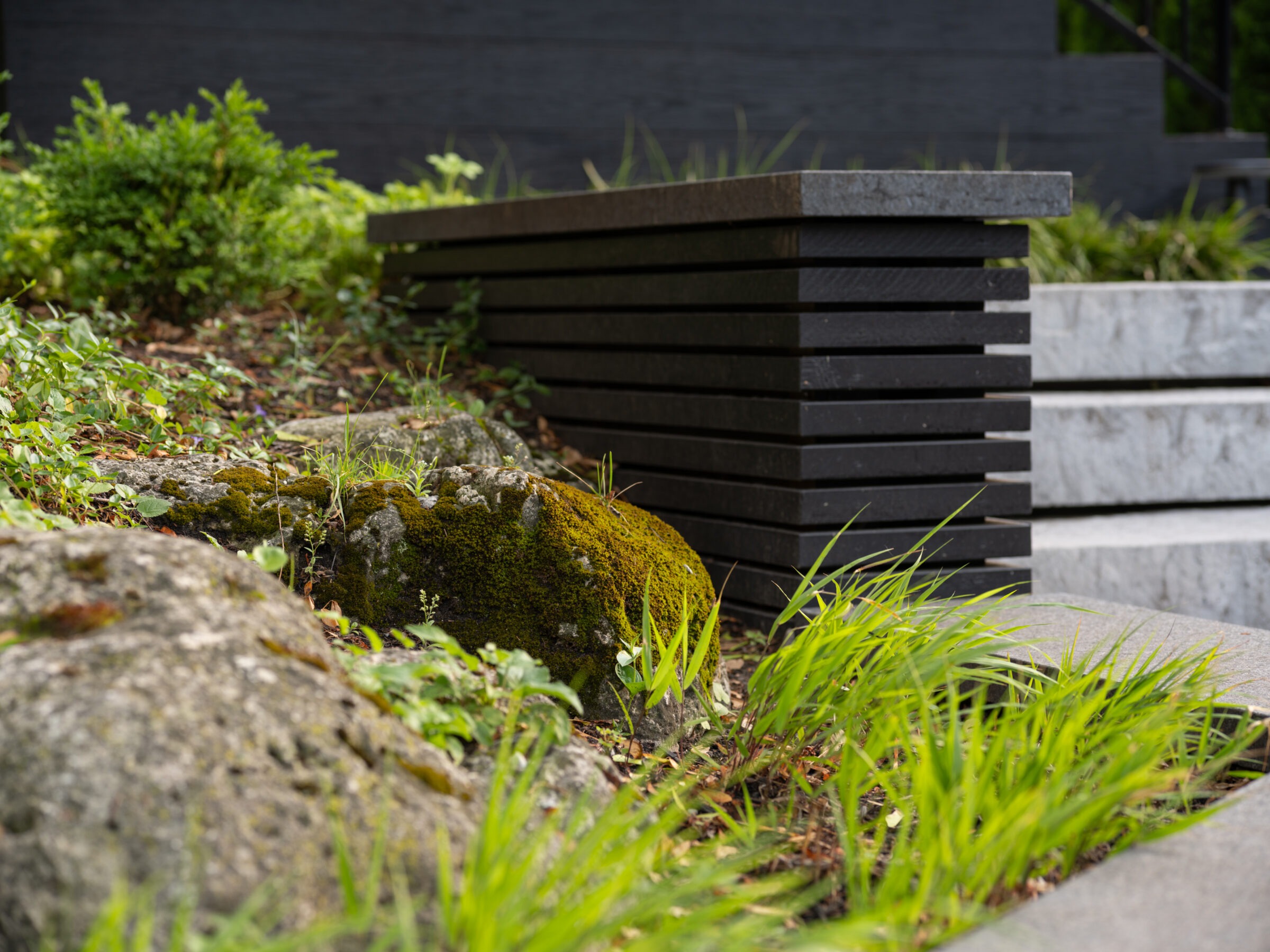Modern concrete bench surrounded by lush greenery and moss-covered rocks in a landscaped area, conveying a serene, natural atmosphere.