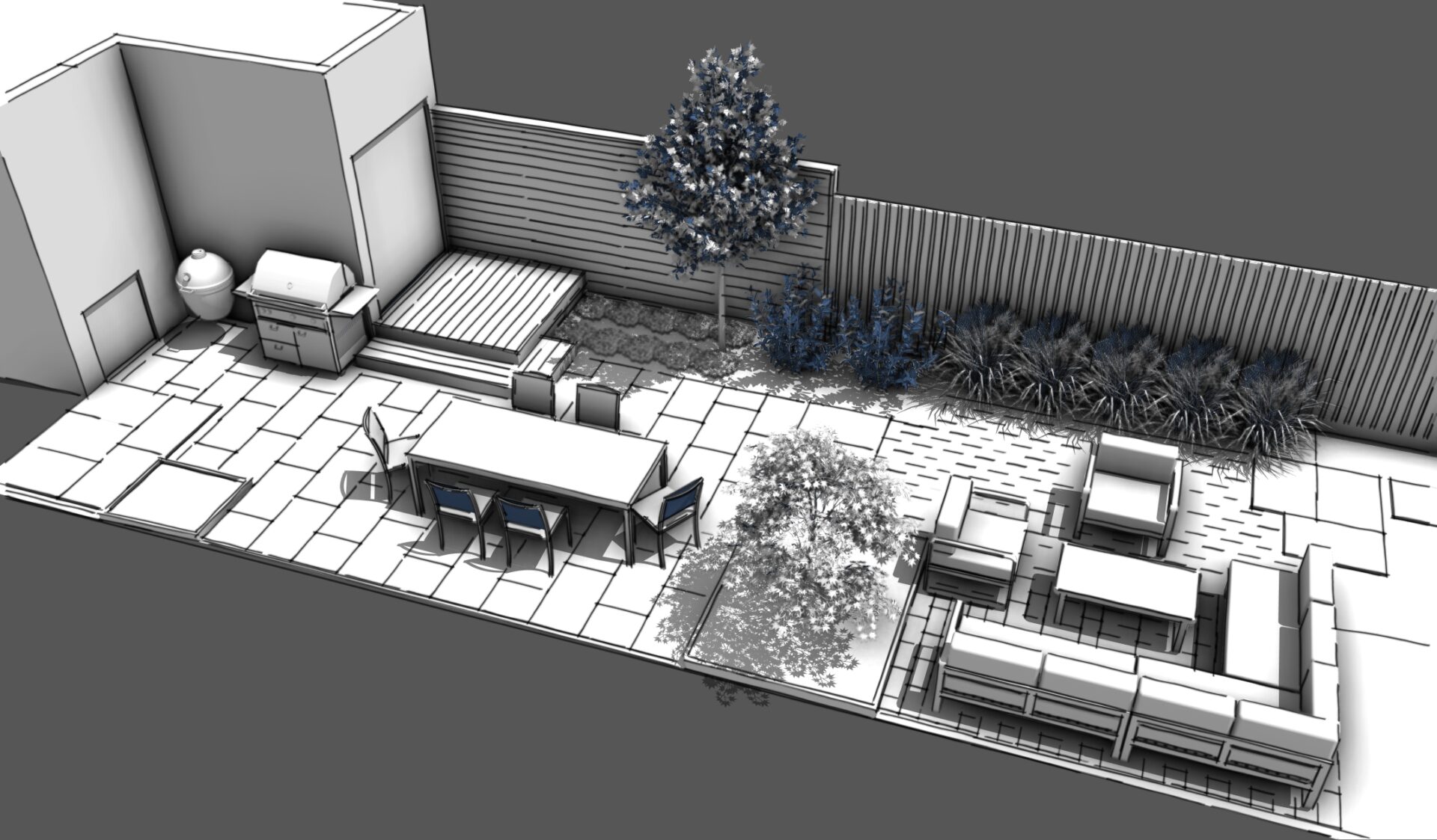 Modern backyard patio provides seating, dining, and grilling areas. Features wooden decking, tiled flooring, minimalistic furniture, and landscaped garden with prominent tree.